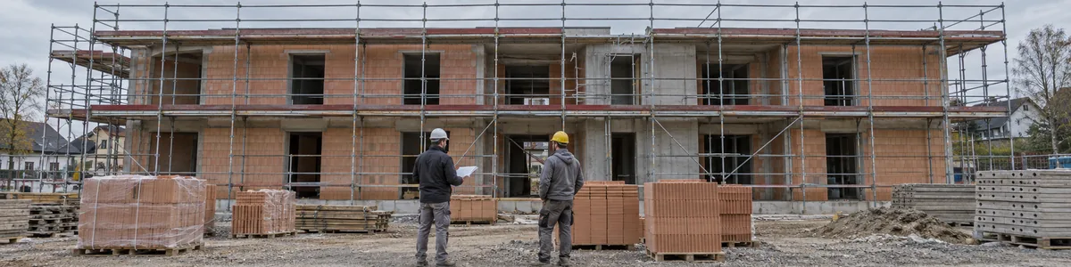 Residential building shell with scaffolding; two workers discuss the work in front of the building