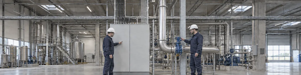 Two specialists inspect an installation with a control cabinet and pipework in a production hall