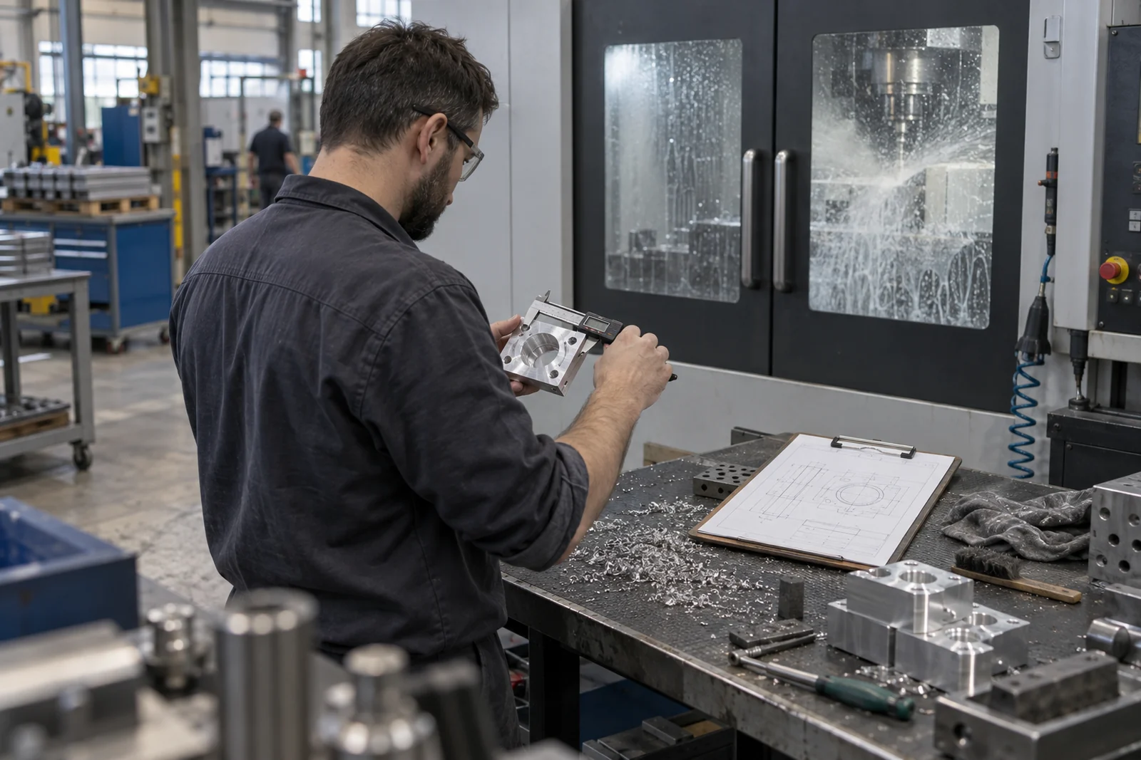 CNC-operator meet een gefreesd aluminium onderdeel