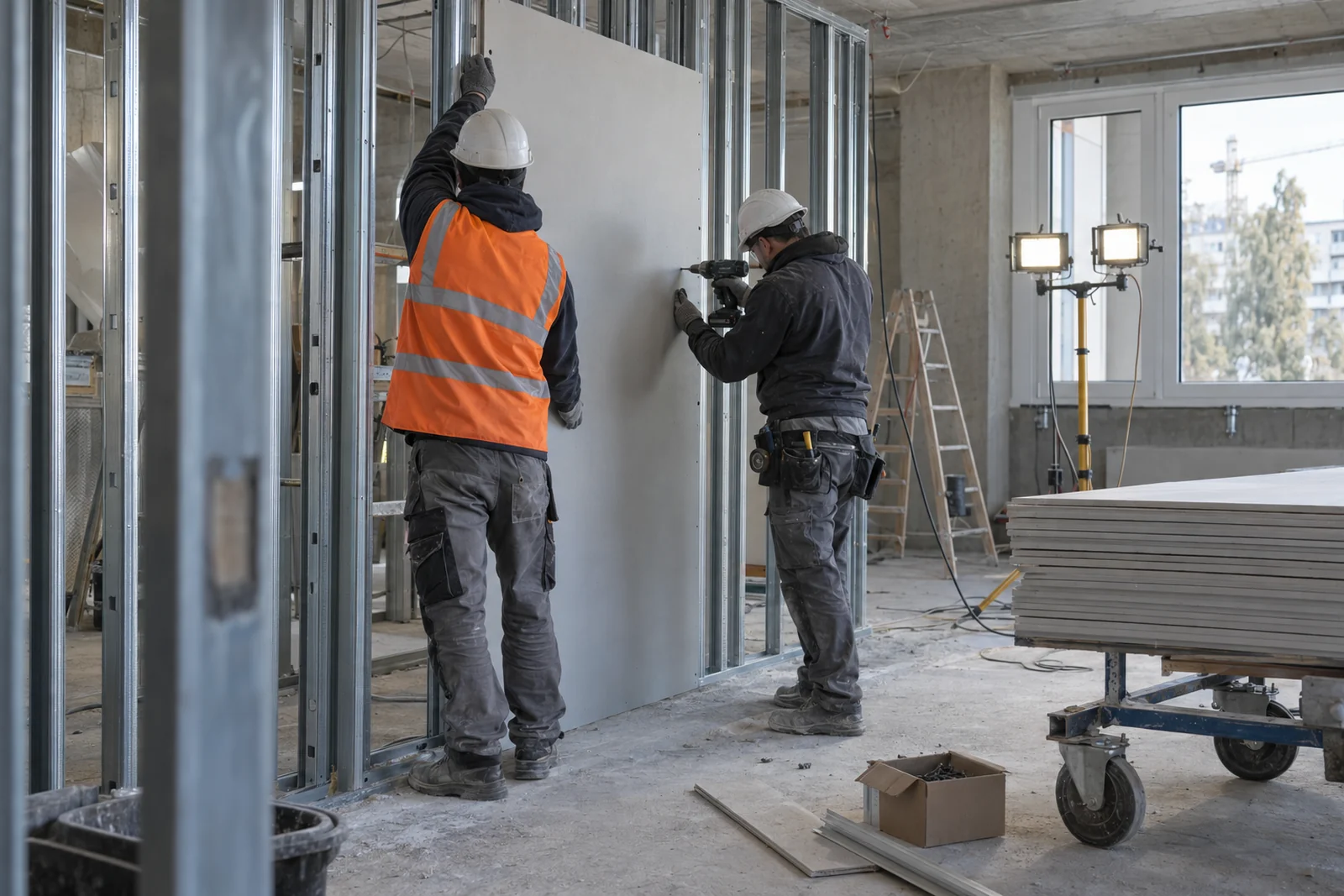 Drywall installers fixing gypsum boards to a metal stud frame