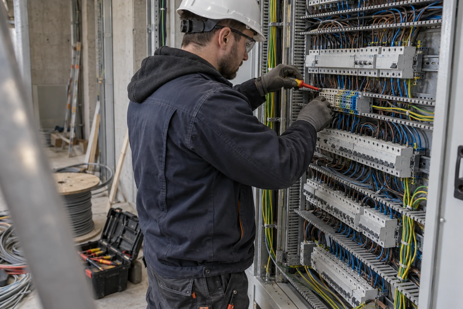 Elektriker verdrahtet einen Schaltschrank