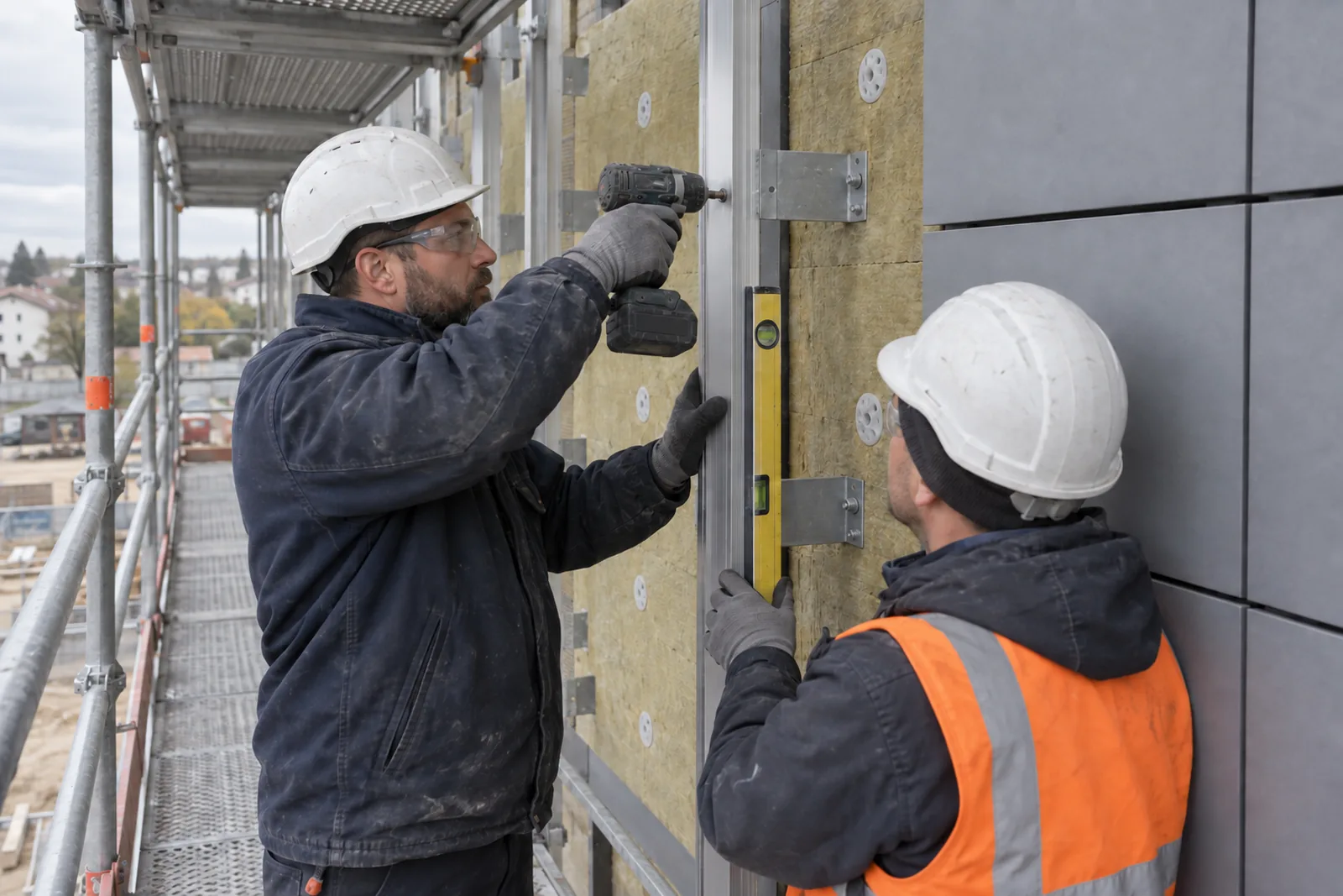 Two installers fasten a facade substructure profile from a scaffold