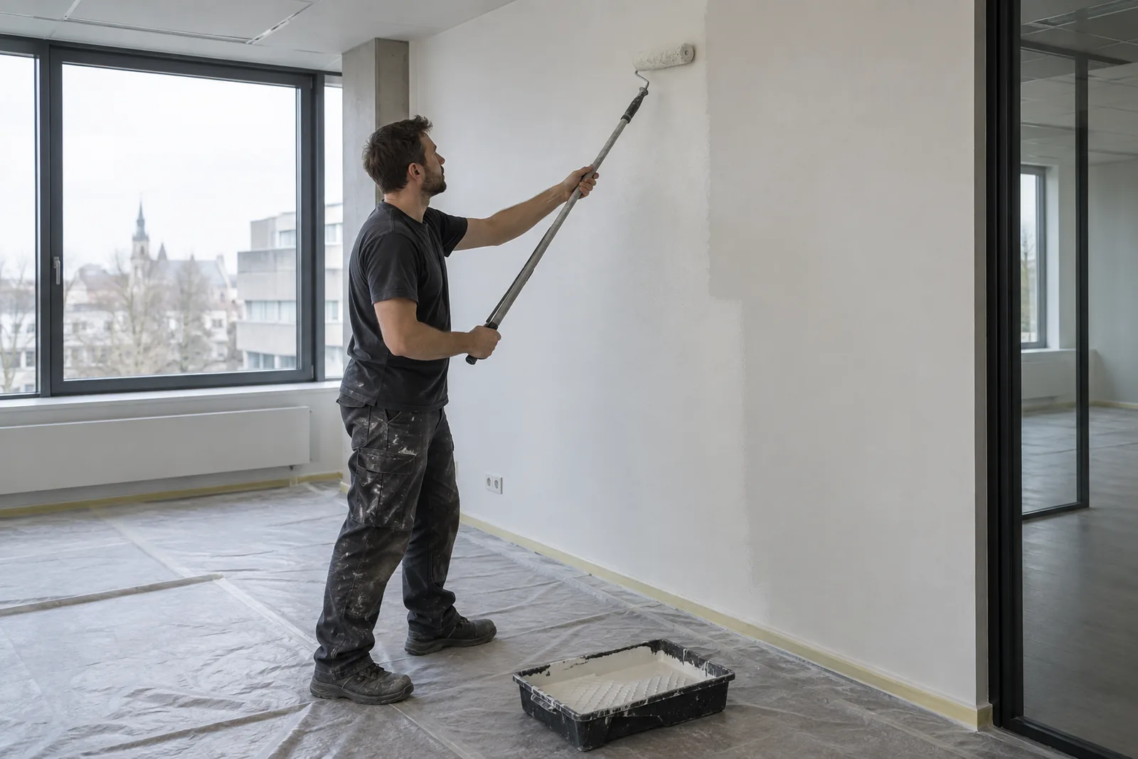A painter applies paint to an interior wall with a roller