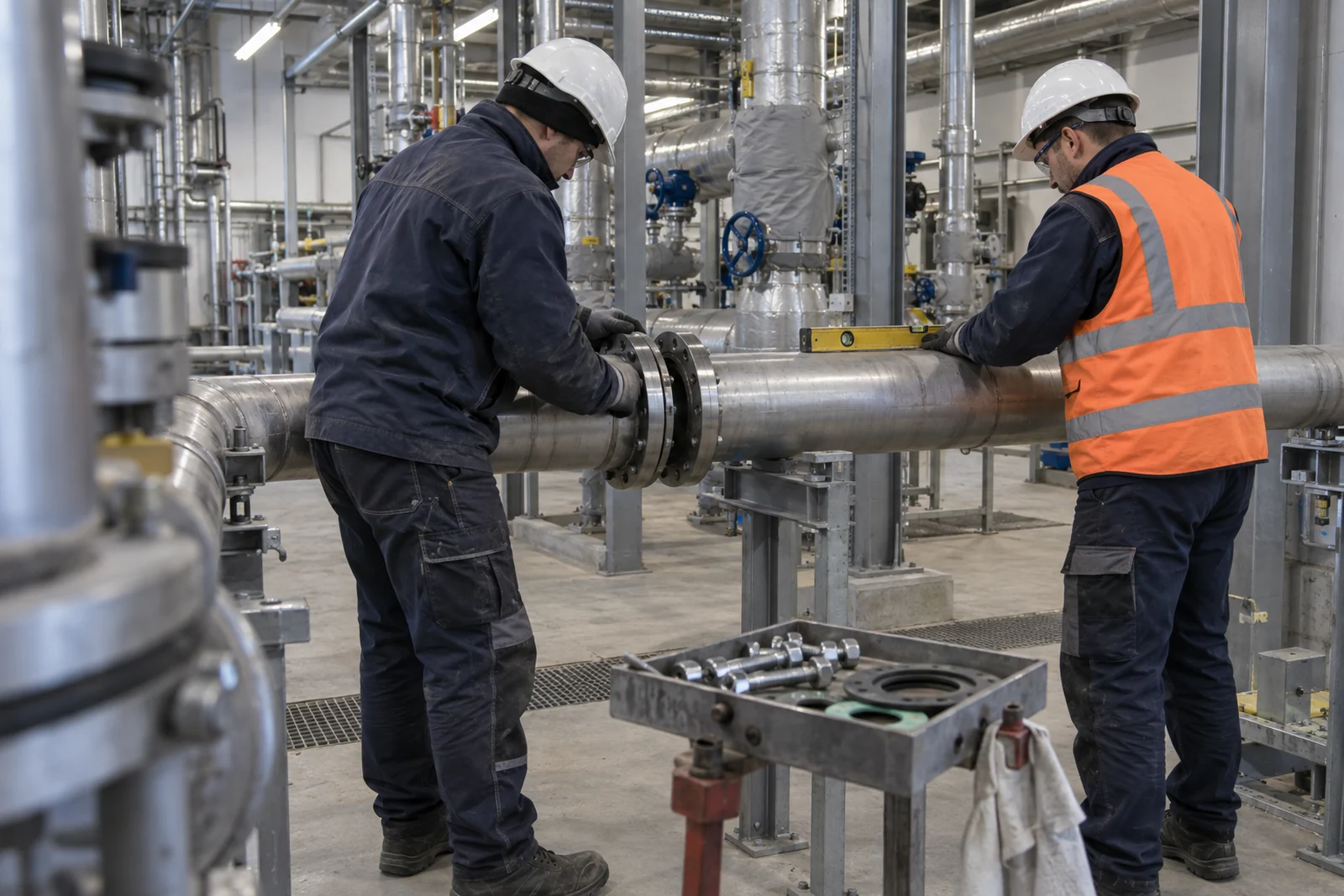 Pipe fitters aligning stainless steel pipes at a flange