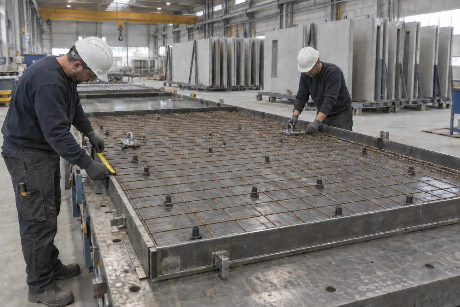 Two workers check reinforcement in a shallow mould for a precast concrete element