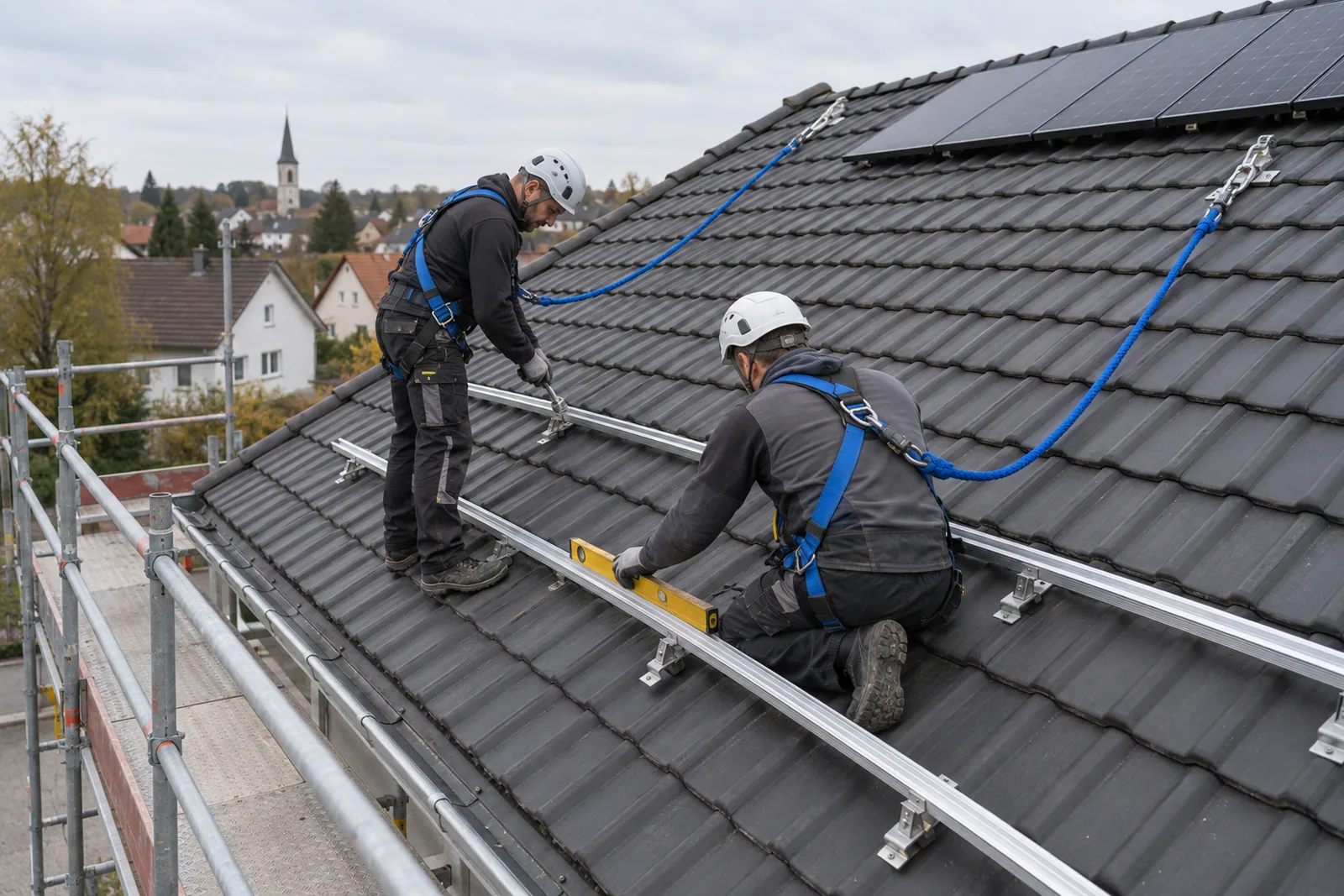 Two installers check mounting rails on a house roof before fitting more photovoltaic modules