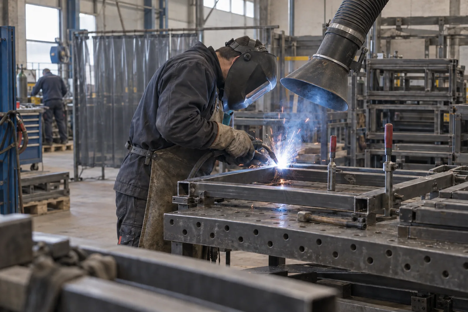 Welder MAG welding a steel frame
